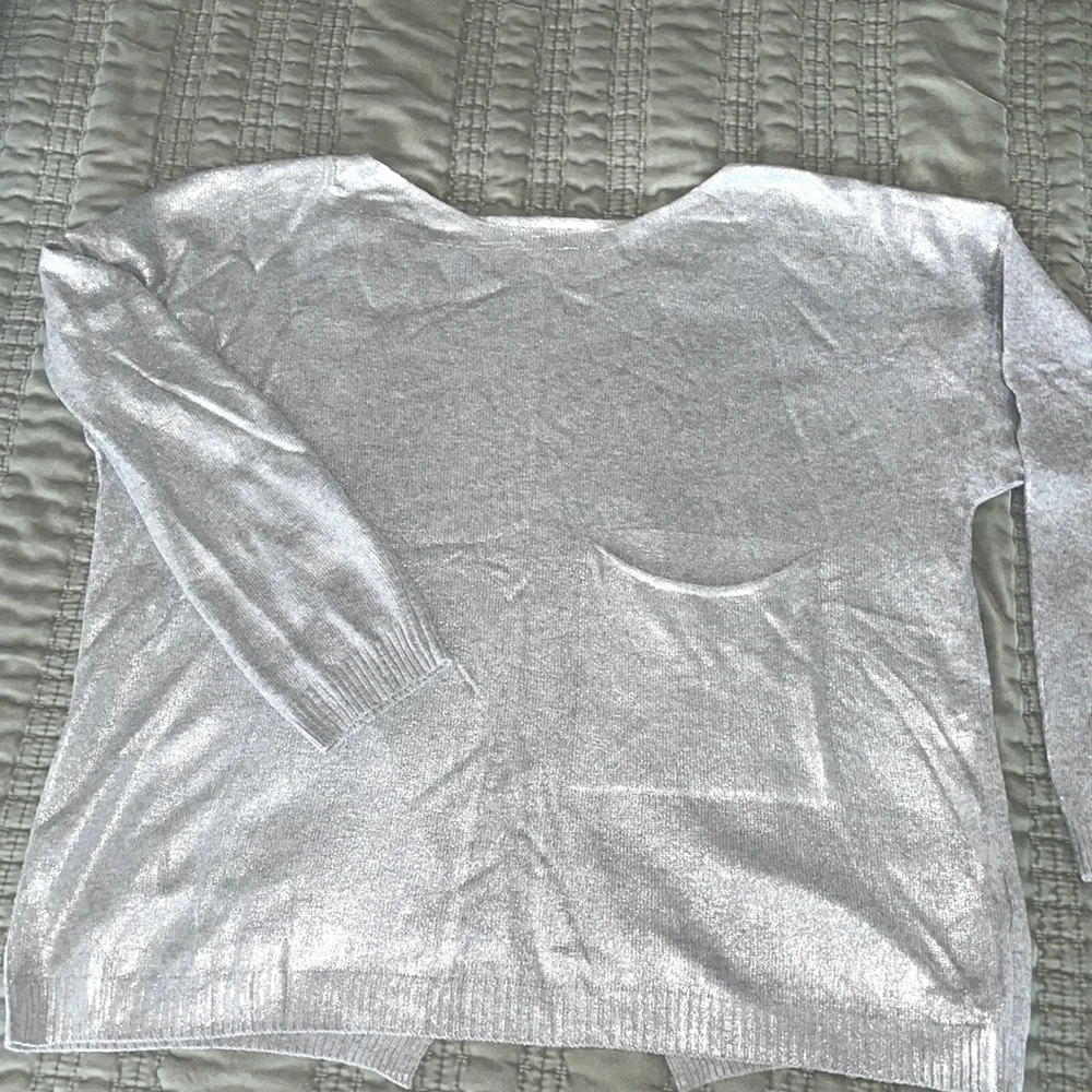 Dina Tricot NWOT silver coated back slit boat neck oversized sweater - Picture 1 of 7
